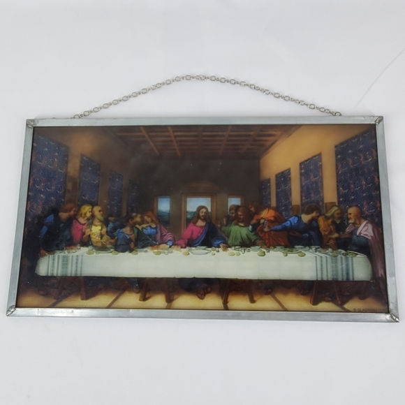 Vtg Stained Glass Art The Last Supper Leonardo Da Vinci Forest Lawn 16x9" Window - Picture 3 of 16